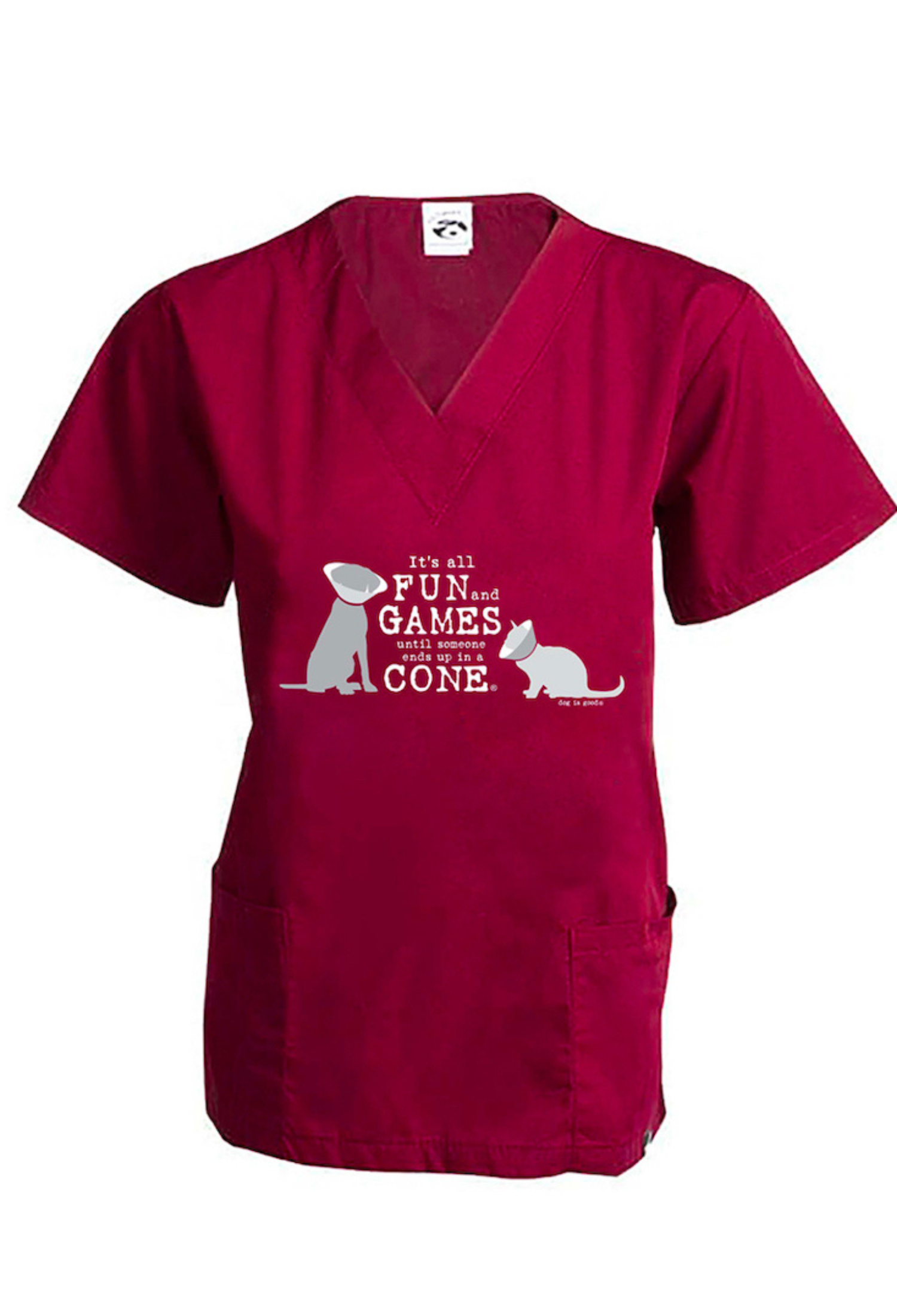 Scrub Top: It’s All Fun and Games Until Someone Ends Up in a Cone®, Cat/Dog (Wine)